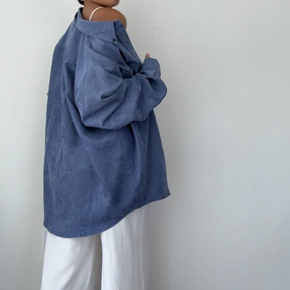 Vintage vegan suede button front shirt blue - Picture 5 of 11